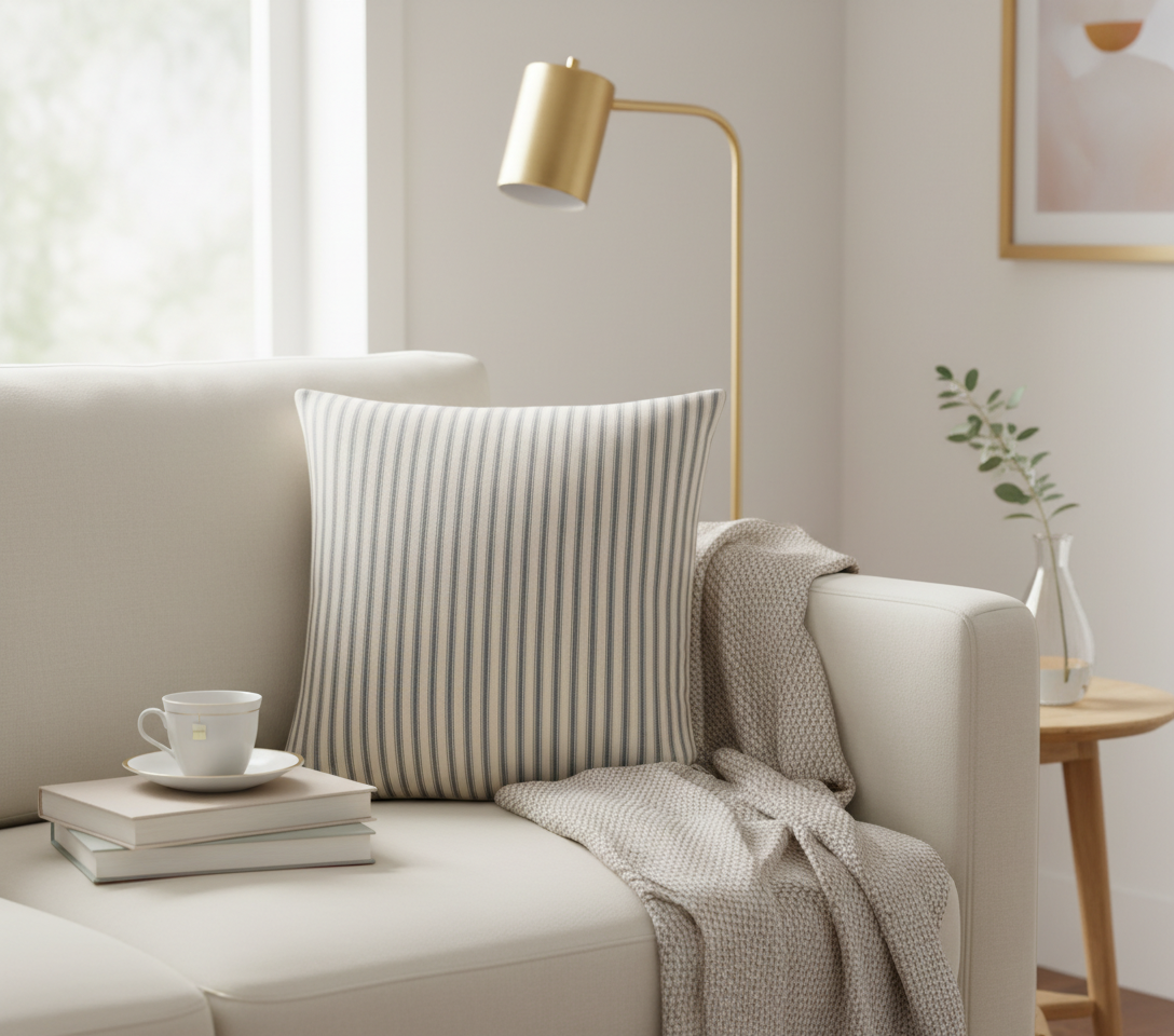 Cozy living room with a cream sofa, striped ticking grey cushion and a lamp.