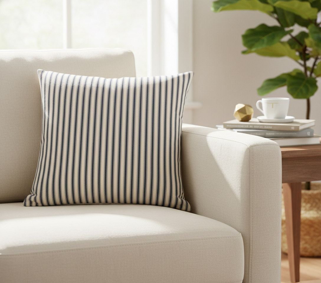 Striped ticking cushion in navy and cream cream sofa with a side table and plant in the background