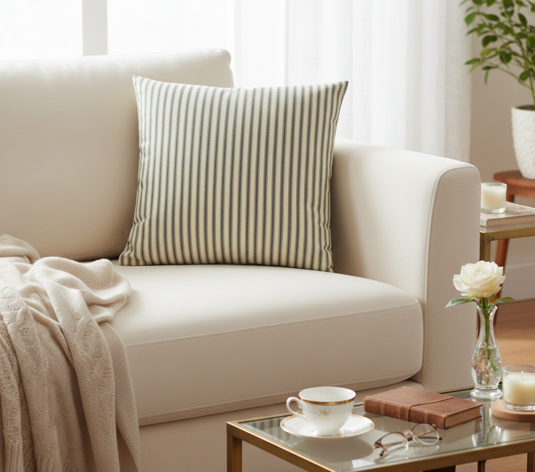 Cream sofa with a green and cream striped ticking cushion, with accessories  on a coffee table in a living room.