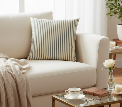 Cream sofa with a green and cream striped ticking cushion, with accessories  on a coffee table in a living room.