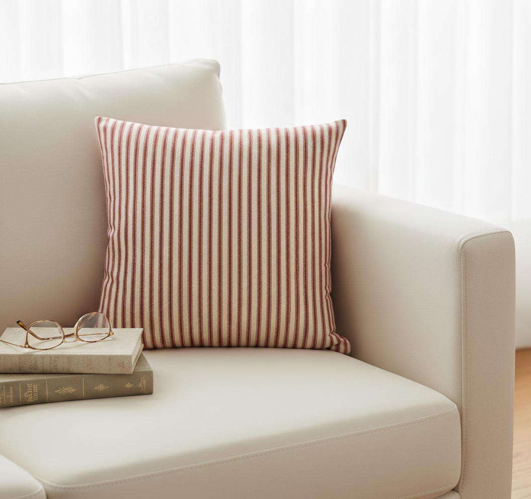 Striped ticking red pillow on a beige sofa with books and glasses.