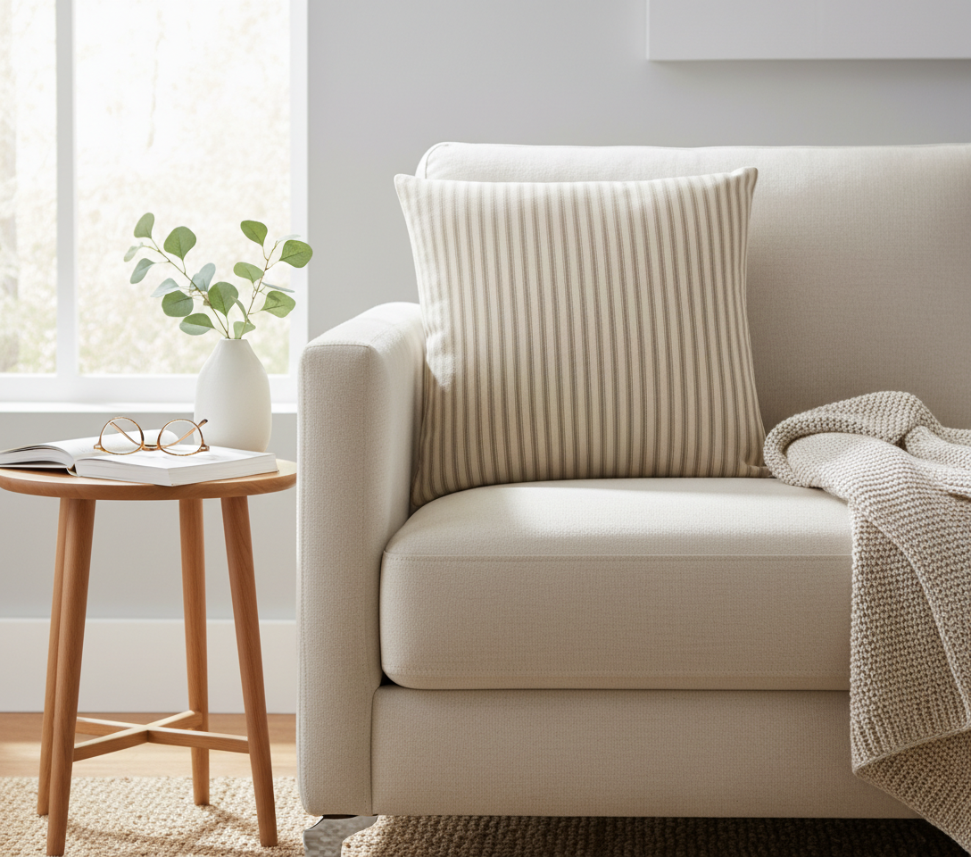 Cream sofa with a striped beige and cream ticking cushion and blanket in a bright living room