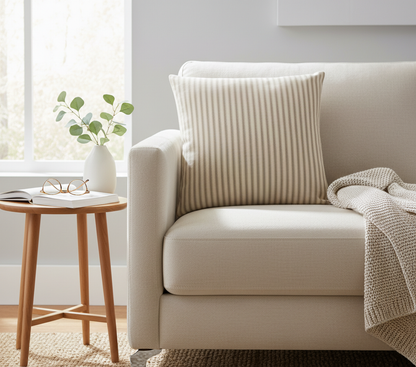 Cream sofa with a striped beige and cream ticking cushion and blanket in a bright living room