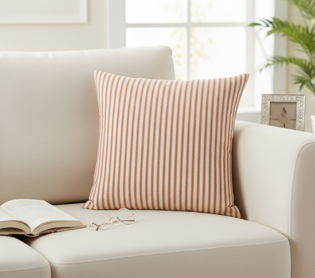 Striped ticking cushion in orange and cream on a cream sofa with an open book and glasses in a bright room.